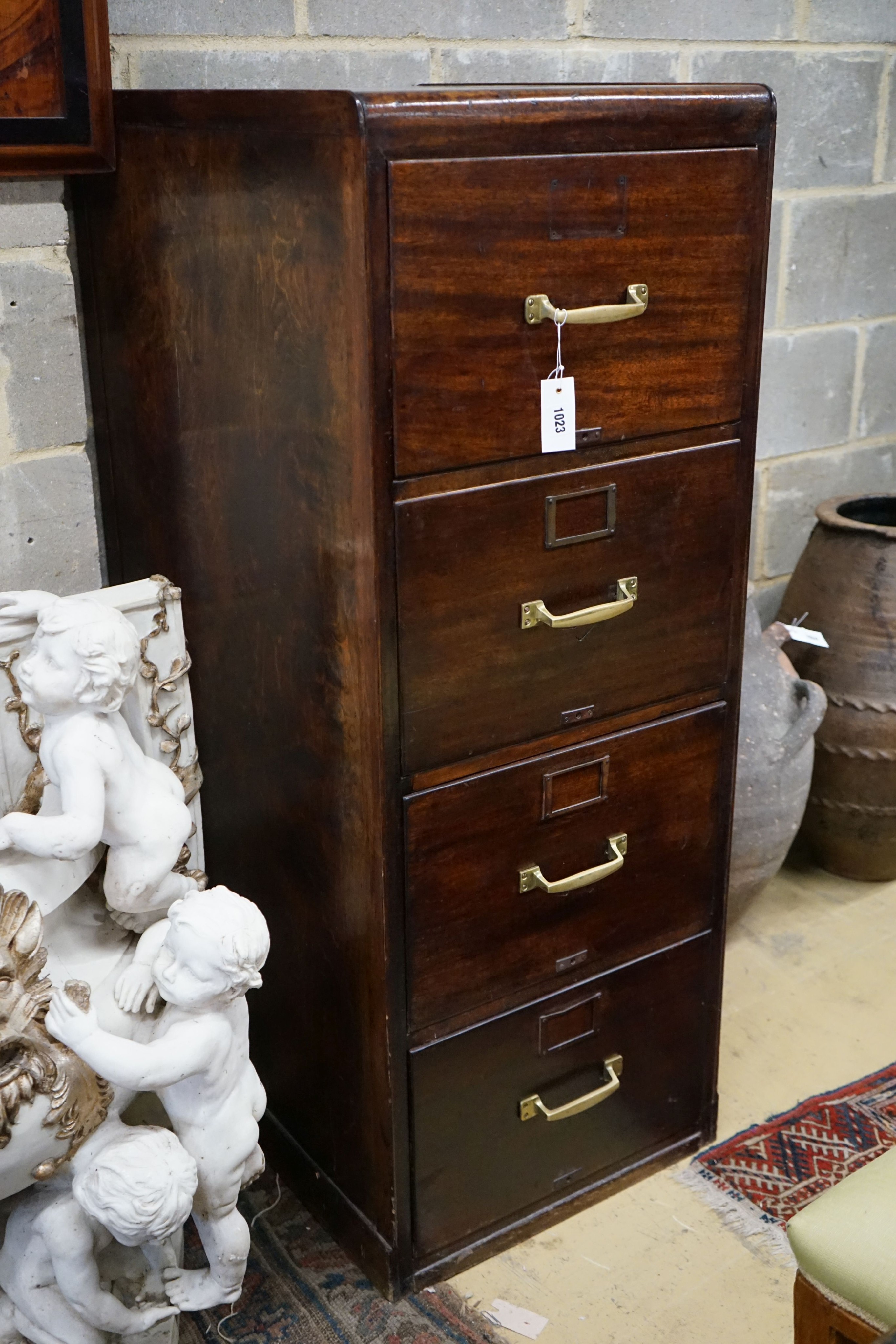 An early 20th century mahogany and beech four drawer filing chest, width 50cm, depth 68cm, height 131cm